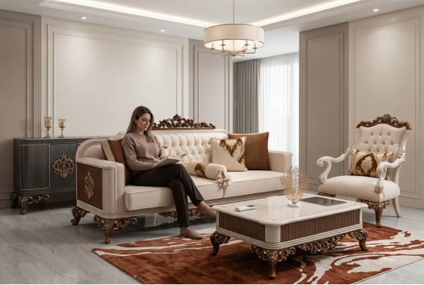 Trzyosobowa kanapa Chesterfield Baroque Meble Sofa Kanapy Materiał Złoty