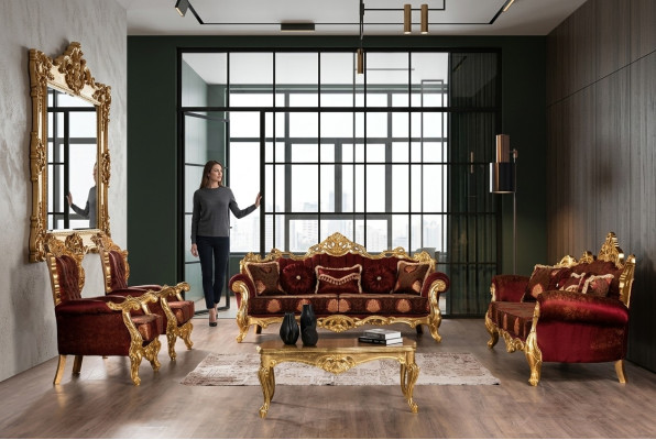 Bordeaux Czerwony Zestaw sofowy Couch Gold Classic Meble Tabela 5szt.