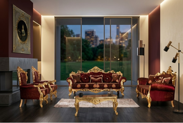 Bordeaux Czerwony Zestaw sofowy Couch Gold Classic Meble Tabela 5szt.