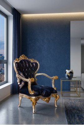 Luksusowy fotel Fotel Classic Throne Krzesło Barokowy Aksamit Niebieskie Złoto