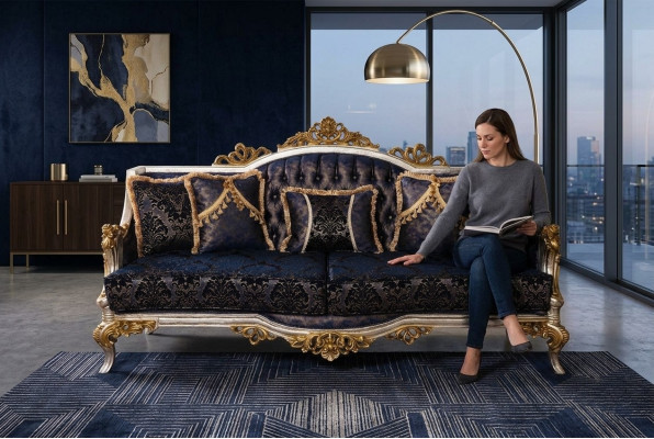 Aksamit Barokowa Kanapa Trzyosobowa Złota Rama Sofa Kanapy Meble Nowe