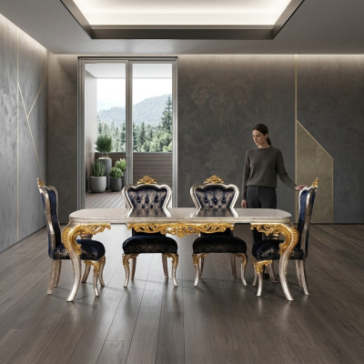 Wykwintny zestaw Złota Jadalnia Stół obiadowy z x4 Krzesła Chesterfield Luxury Meble
