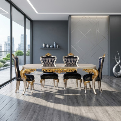 Wykwintny zestaw Złota Jadalnia Stół obiadowy z x4 Krzesła Chesterfield Luxury Meble