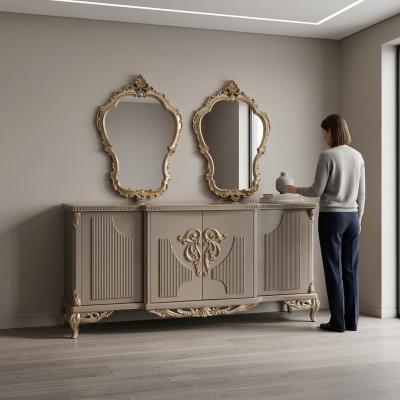 Kredens z Lustro Taupe Brown Drewno Szafa Kredens Kredens 2-częściowy