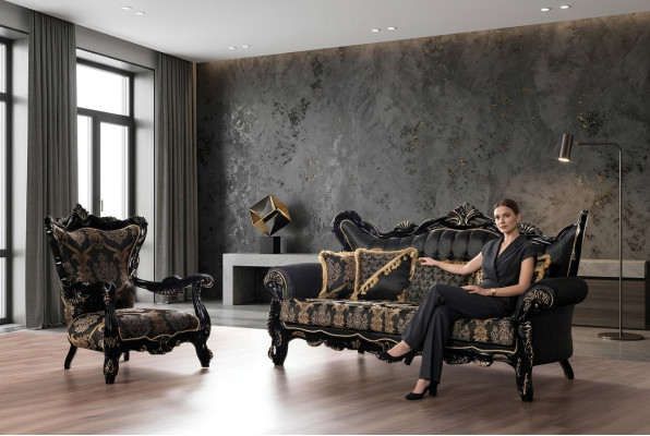 2-częściowy zestaw sofowy do salonu 3+1 fotele czarna sofa I fotel złoty wzór