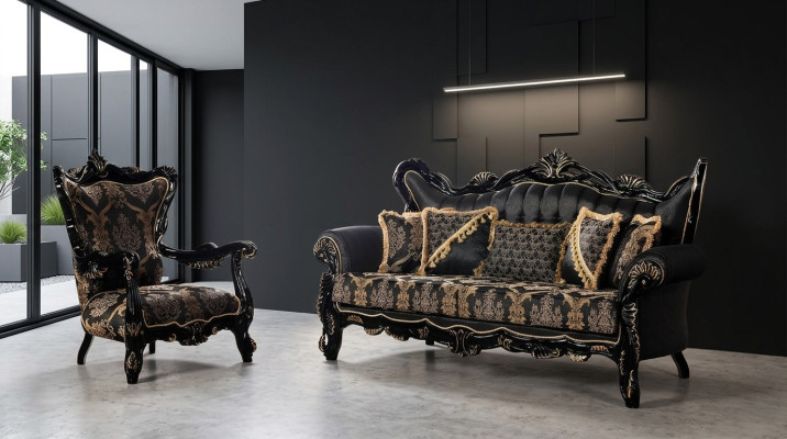 2-częściowy zestaw sofowy do salonu 3+1 fotele czarna sofa I fotel złoty wzór
