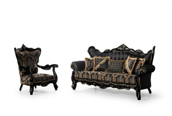 2-częściowy zestaw sofowy do salonu 3+1 fotele czarna sofa I fotel złoty wzór