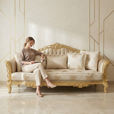 Sofa Chesterfield Barokowa Kanapa Drewno Aksamit Trzyosobowa Klasyczna Sofa Meble