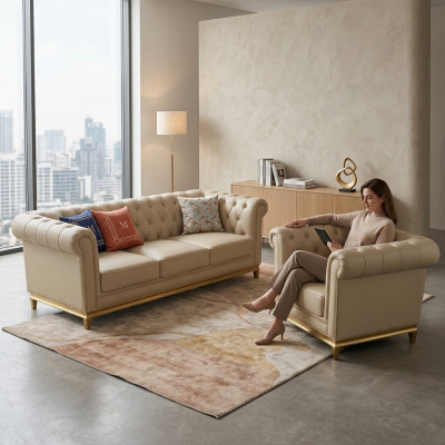 Luksusowa Sofa Beżowa Zestaw sofowy Sofy Fotel 3+1 miejsce do siedzenia Material Design