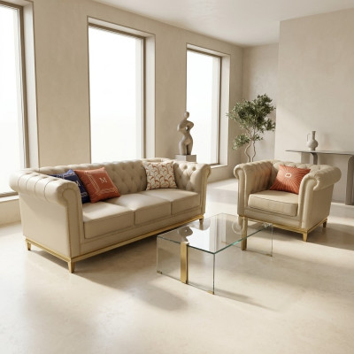 Luksusowa Sofa Beżowa Zestaw sofowy Sofy Fotel 3+1 miejsce do siedzenia Material Design