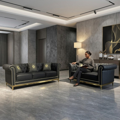 Zestaw wypoczynkowy Black Chesterfield luksusowy zestaw 3+2 miejsce do siedzenia 2-częściowy.