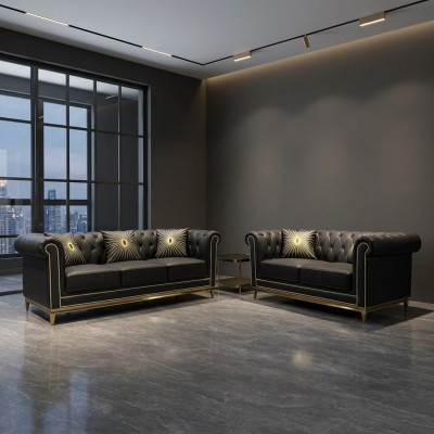 Zestaw wypoczynkowy Black Chesterfield luksusowy zestaw 3+2 miejsce do siedzenia 2-częściowy.