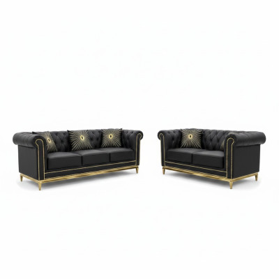 Zestaw wypoczynkowy Black Chesterfield luksusowy zestaw 3+2 miejsce do siedzenia 2-częściowy.