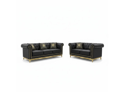 Zestaw wypoczynkowy Black Chesterfield luksusowy zestaw 3+2 miejsce do siedzenia 2-częściowy.