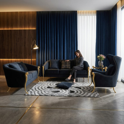 Luksusowy apartament tapicerowany Fotel 3+2+1 miejsce siedzące Czarny Aksamit Gold Nogi