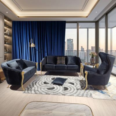 Luksusowy apartament tapicerowany Fotel 3+2+1 miejsce siedzące Czarny Aksamit Gold Nogi
