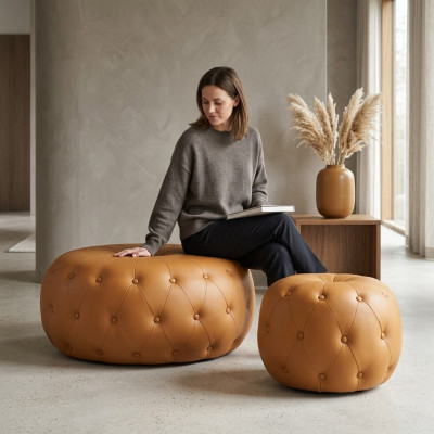 Podnóżek Okrągły Stołek Chesterfield Okrągły Pomarańczowa Skóra Włókienniczy 78x35