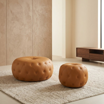 Podnóżek Okrągły Stołek Chesterfield Okrągły Pomarańczowa Skóra Włókienniczy 78x35