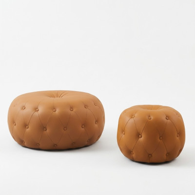 Podnóżek Okrągły Stołek Chesterfield Okrągły Pomarańczowa Skóra Włókienniczy 78x35