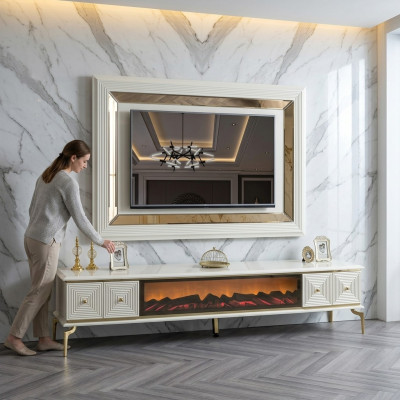 kredens Szafa rtv z Kamin Jednostka ścienna Zestaw TV Panel Stal nierdzewna Luxury Meble