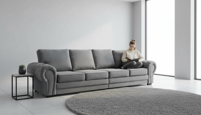 Sofa klasyczna czteroosobowa Tapicerka mebli w kolorze szarym Wygodny materiał kanapy