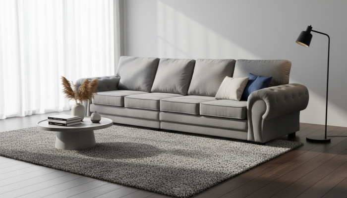 Sofa klasyczna czteroosobowa Tapicerka mebli w kolorze szarym Wygodny materiał kanapy