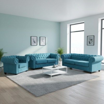 Chesterfield Zestaw sofowy Couch Podkładka Meble Zestaw Ustawić 3+2+1 Turkus