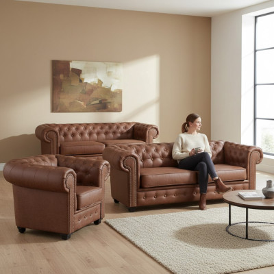 Zestaw sofowy Chesterfield 3+2+1 Meble do Salonu Kanapa Ustawić Materiał Włókienniczy