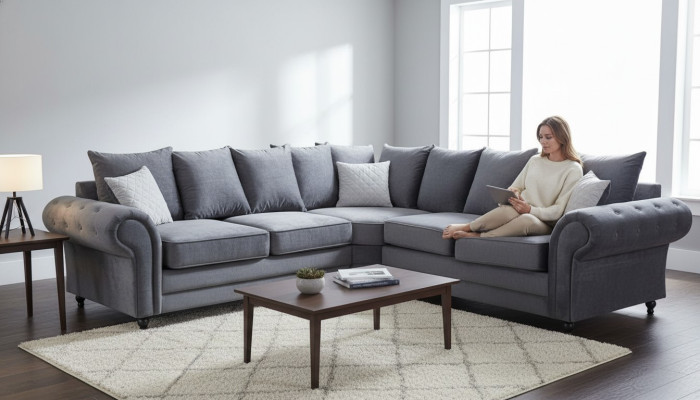 Nowoczesna Narożnikowa kanapa Sofa Style Szara Podkładka Materiał Włókienniczy Meble Kanapy w kształcie litery L