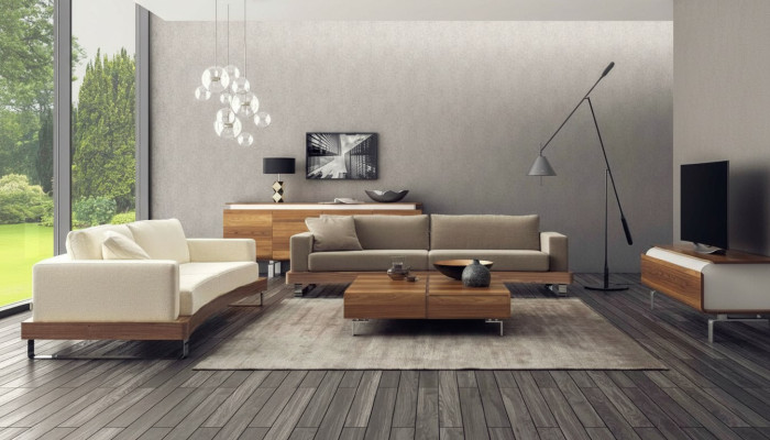 Nowoczesna trzyosobowa sofa tapicerowana z kompletem wypoczynkowym z drewnianą ramą