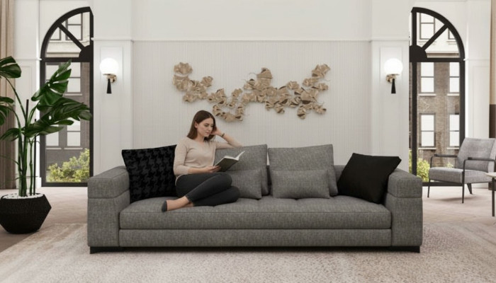 Szara Sofa Trzyosobowa Sofa do Salonu Drewniana Rama Kolekcja Sof