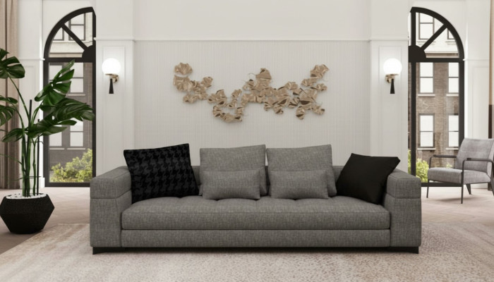 Szara Sofa Trzyosobowa Sofa do Salonu Drewniana Rama Kolekcja Sof