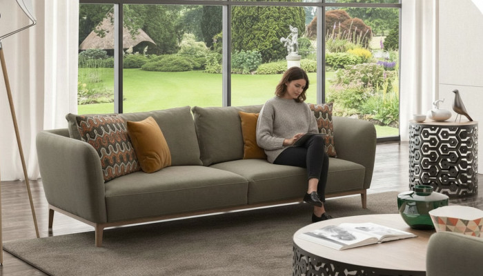 Oliwkowa, trzyosobowa, nowoczesna sofa do salonu z rozkładaną sofą
