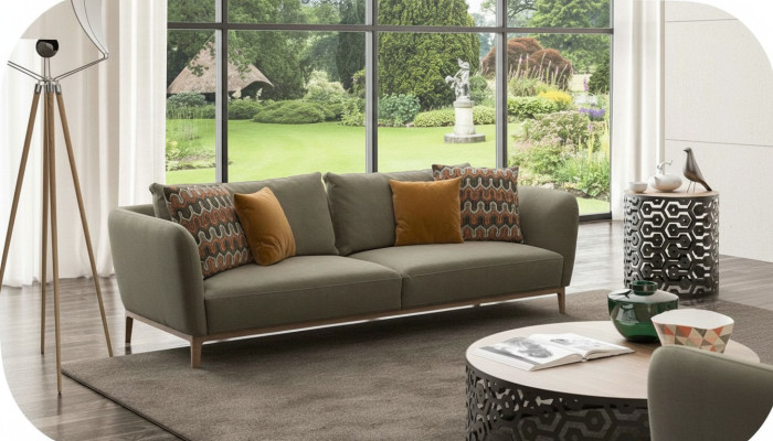 Oliwkowa, trzyosobowa, nowoczesna sofa do salonu z rozkładaną sofą