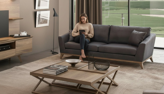 Szara sztuczna skóra trzyosobowa sofa do salonu nowoczesna kanapa w stylu meble