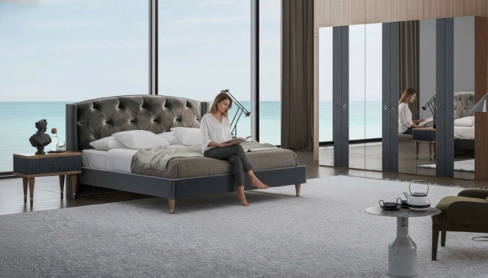 Nowoczesny zestaw Chesterfield Sypialnia Designerskie Podwójne łóżko Szafki nocne