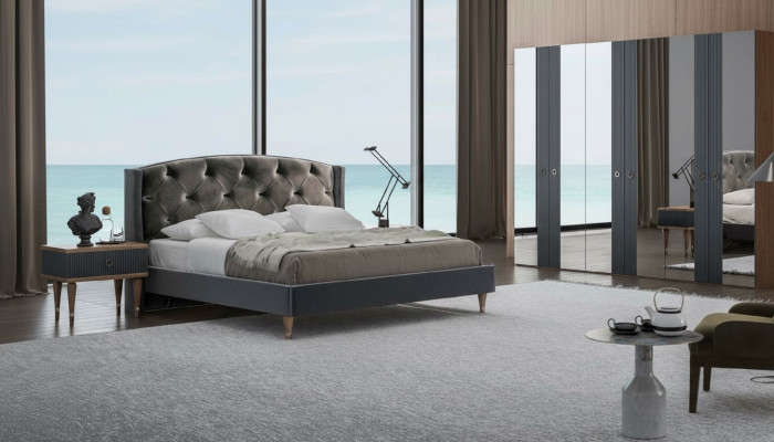 Nowoczesny zestaw Chesterfield Sypialnia Designerskie Podwójne łóżko Szafki nocne