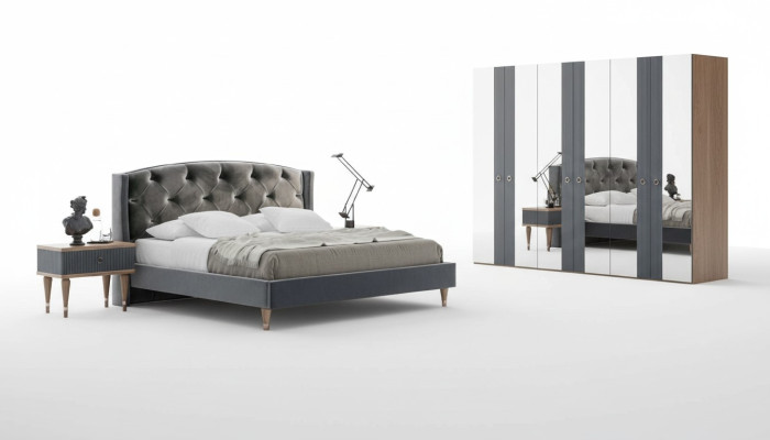 Nowoczesny zestaw Chesterfield Sypialnia Designerskie Podwójne łóżko Szafki nocne
