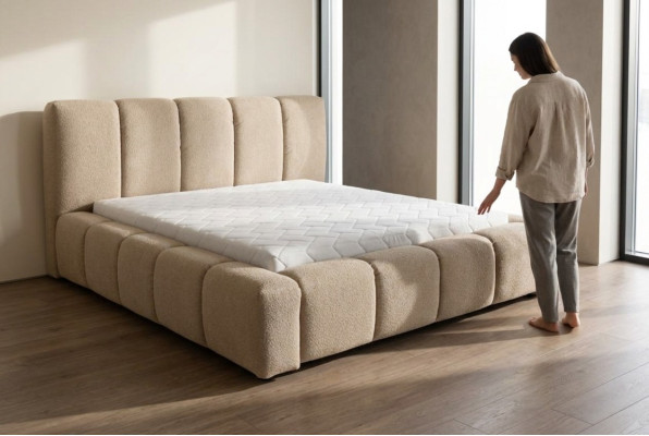 Łóżko Szare Podwójne łóżko Sypialnia Drewno Meble Design Podkładka Materiał Nowość