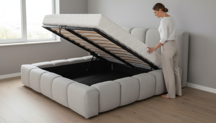 Łóżko szare podwójne Sypialnia luksusowy design elegancki materiał obiciowy nowy