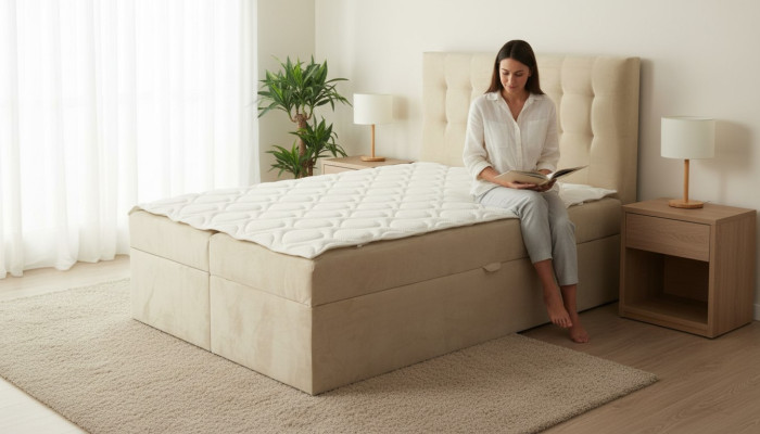 Łóżko Chesterfield beżowe Sypialnia drewniane meble design elegancki materiał obiciowy