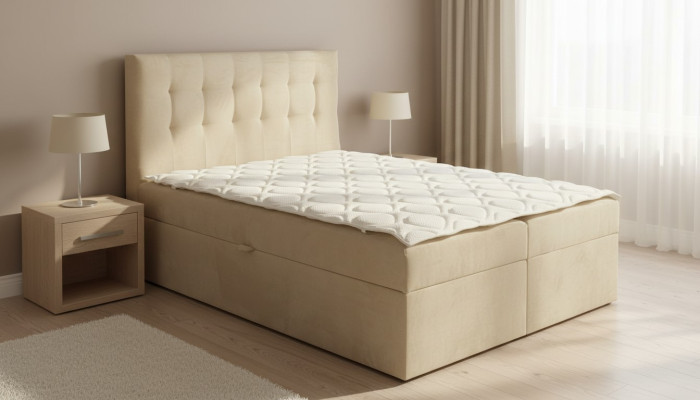 Łóżko Chesterfield beżowe Sypialnia drewniane meble design elegancki materiał obiciowy