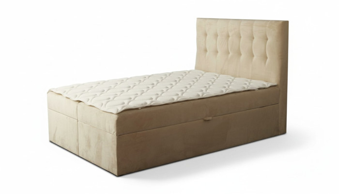 Łóżko Chesterfield beżowe Sypialnia drewniane meble design elegancki materiał obiciowy