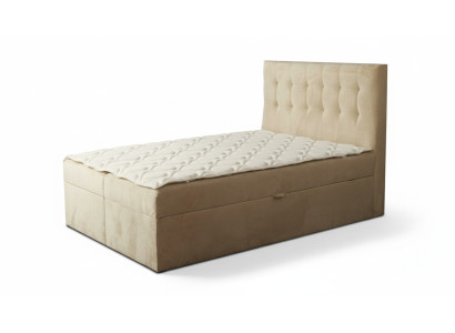 Łóżko Chesterfield beżowe Sypialnia drewniane meble design elegancki materiał obiciowy