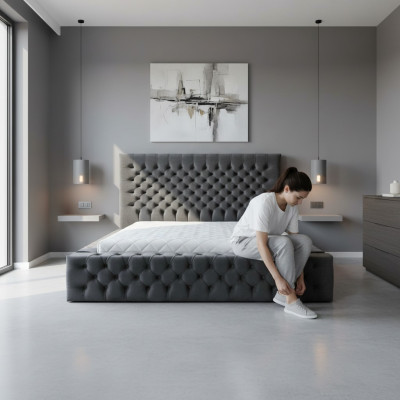 Chesterfield Szara Podwójna Sypialnia Meble Drewniane Design Elegancki Materiał Tapicerki