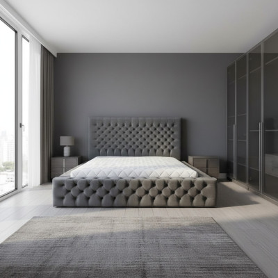 Chesterfield Szara Podwójna Sypialnia Meble Drewniane Design Elegancki Materiał Tapicerki