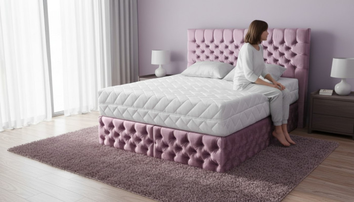 Chesterfield różowa sypialnia z podwójnym łóżkiem, drewniane meble, elegancki materiał tapicerski -