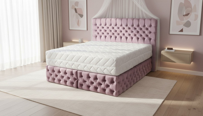 Chesterfield różowa sypialnia z podwójnym łóżkiem, drewniane meble, elegancki materiał tapicerski -