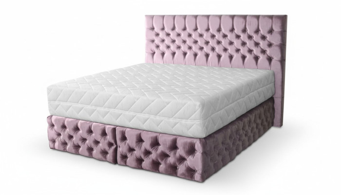 Chesterfield różowa sypialnia z podwójnym łóżkiem, drewniane meble, elegancki materiał tapicerski -