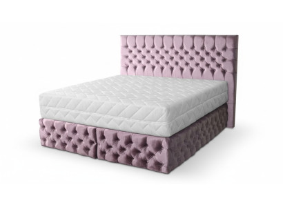 Chesterfield różowa sypialnia z podwójnym łóżkiem, drewniane meble, elegancki materiał tapicerski -